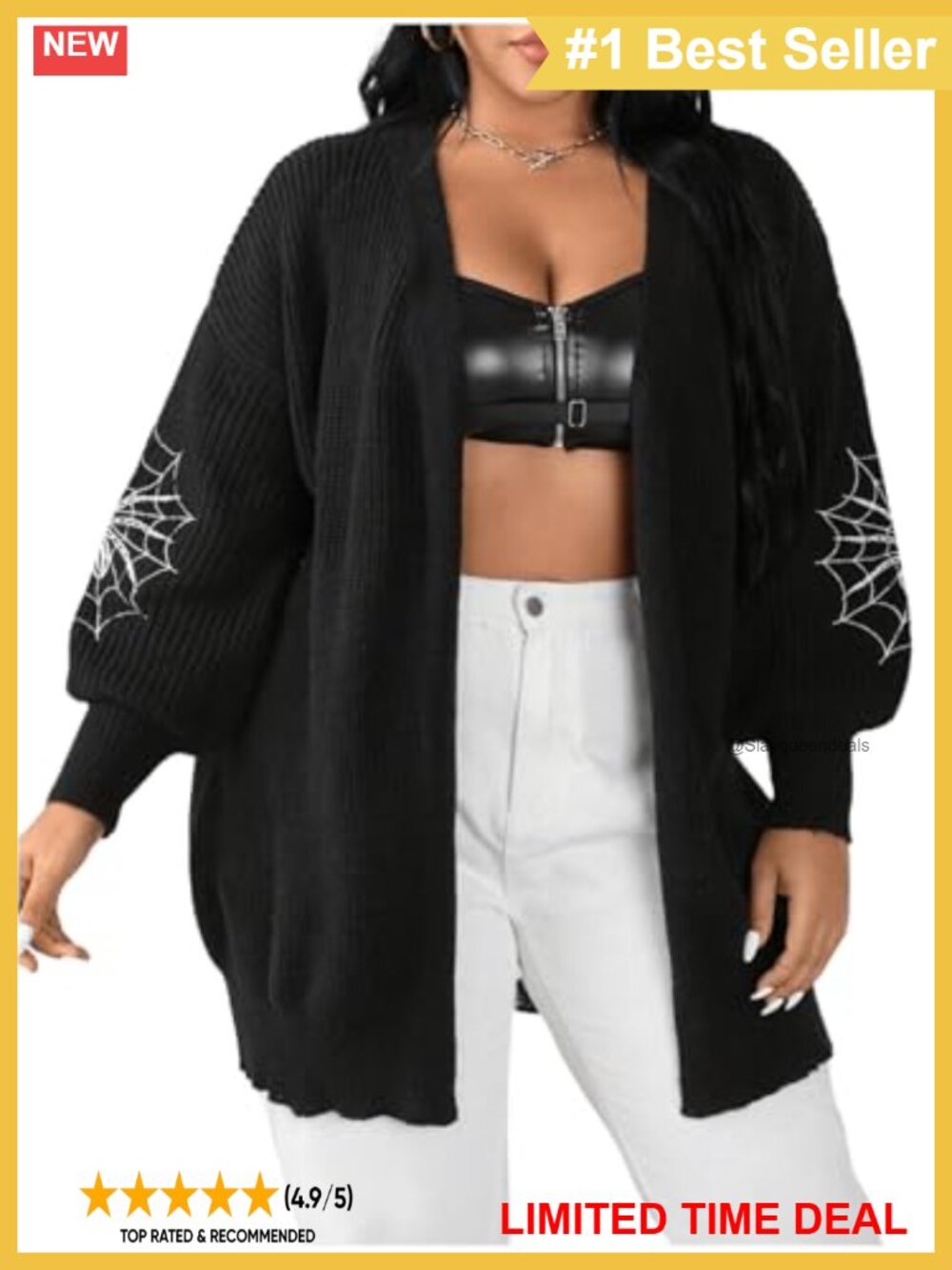 Plus Size Goth Cardigan Sweater Spiderweb Embroidery Open Front Knit